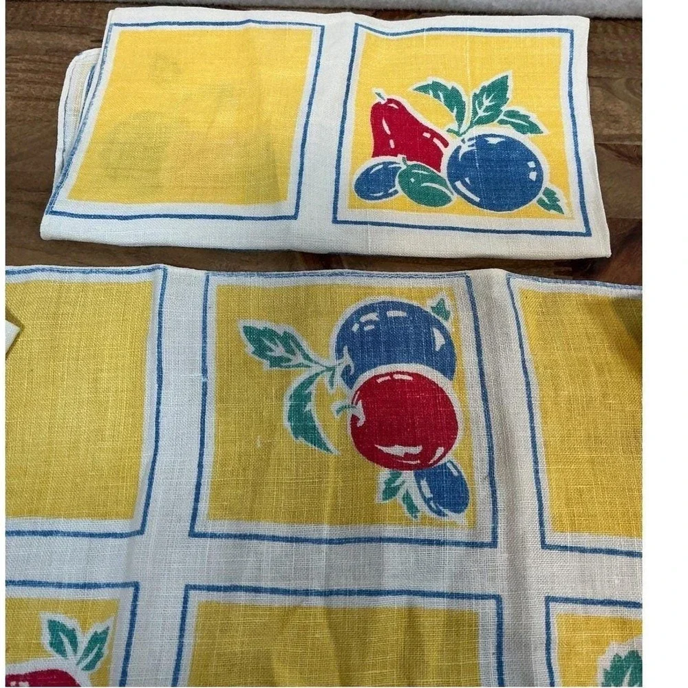 Fruit Print Linen Set of 6 Yellow Blue Red Retro MCM‎ Table Decor Vintage 15x11